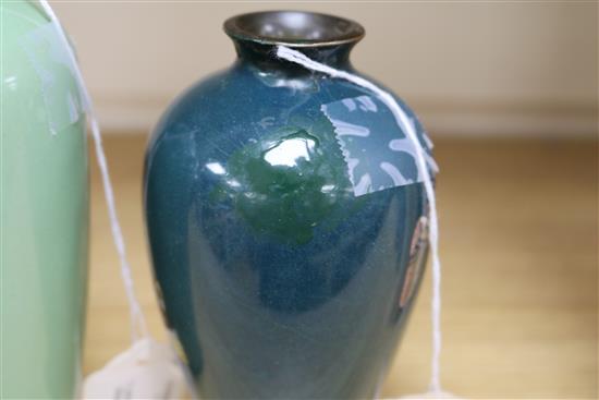 A Japanese Ginbari enamelled vase decorated with a cockerel on a green ground and a smaller vase H 7.5cm (tallest)